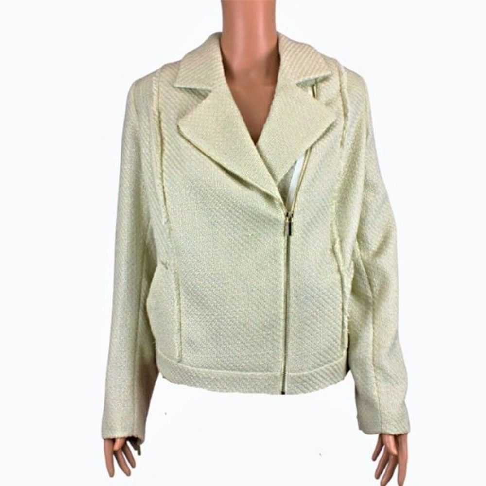 Jacket Boucle' Asymmetrical Gold Tone Zipper Front Collared Beige Plus Sz 26
